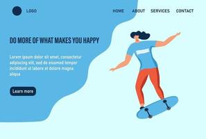 een jonge vrouw of tiener rijdt op een skateboard. doe meer van wat je gelukkig maakt. website startpagina landing webpagina sjabloon. platte vectorillustratie. vector