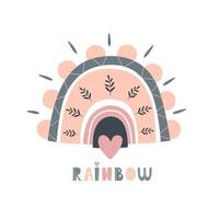 kinderachtige print met schattige getekende regenboog en bloemen. ideaal voor kinderkleding, decor, ansichtkaarten, omslagen en verpakkingen. baby vectorillustratie vector