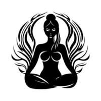 silhouet van een meisje zittend in een lotus positie in een yoga klas. ontwerp element voor embleem, mascotte, teken, poster, kaart, logo, banier, tatoeëren. vector