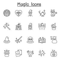 set van magie gerelateerde vector lijn iconen. bevat pictogrammen als helderziendheid, goochelaar, heks, toverstaf, spreukenboek, effect en meer