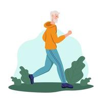 een oudere man rent in het park. het concept van actieve ouderdom, sport en hardlopen. dag van de ouderen. platte cartoon vectorillustratie. vector