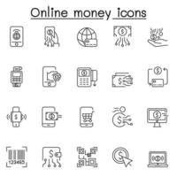 set van online geld gerelateerde vector lijn iconen. bevat pictogrammen als cryptovaluta, online bankieren, e-geld, online betaling, cashless, creditcard, e-wallet, investeringen, online winkelen en meer.