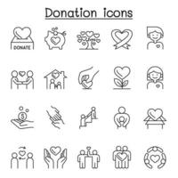 donatie en liefdadigheid pictogrammen instellen in dunne lijnstijl vector