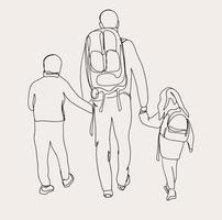 minimalistische wandelen lijn kunst, vrienden sport, schets tekening, wandelaar schetsen, familie, vader met kinderen, kinderen moeder vector