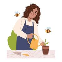 vector illustratie van donker huid jong vrouw gieter zaailing in fabriek pot. voorjaar of zomer seizoen. zwart meisje is aanplant planten. tuinieren en tuinbouw. gelukkig donker vrouw met gieter kan.