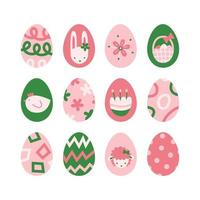 Pasen eieren reeks met decoratie en ornament. lente vakantie symbolen verzameling in roze groente. konijn, eieren, lam, kip, jacht mand, bloemen vector abstract grafisch modern vlak illustratie.