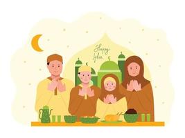 vector ontwerp viering Ramadan en eid mubarak familie, bidden en geven tekenfilm karakter illustratie concept