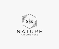 eerste sk brieven botanisch vrouwelijk logo sjabloon bloemen, bewerkbare premade monoline logo geschikt, luxe vrouwelijk bruiloft branding, zakelijk. vector