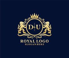 eerste du brief leeuw Koninklijk luxe logo sjabloon in vector kunst voor restaurant, royalty, boetiek, cafe, hotel, heraldisch, sieraden, mode en andere vector illustratie.