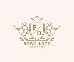 eerste fc brief leeuw Koninklijk luxe heraldisch, wapen logo sjabloon in vector kunst voor restaurant, royalty, boetiek, cafe, hotel, heraldisch, sieraden, mode en andere vector illustratie.