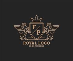 eerste fp brief leeuw Koninklijk luxe heraldisch, wapen logo sjabloon in vector kunst voor restaurant, royalty, boetiek, cafe, hotel, heraldisch, sieraden, mode en andere vector illustratie.