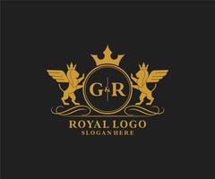 eerste gr brief leeuw Koninklijk luxe heraldisch, wapen logo sjabloon in vector kunst voor restaurant, royalty, boetiek, cafe, hotel, heraldisch, sieraden, mode en andere vector illustratie.