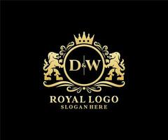 eerste dw brief leeuw Koninklijk luxe logo sjabloon in vector kunst voor restaurant, royalty, boetiek, cafe, hotel, heraldisch, sieraden, mode en andere vector illustratie.