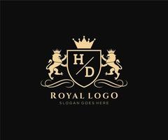 eerste hd brief leeuw Koninklijk luxe heraldisch, wapen logo sjabloon in vector kunst voor restaurant, royalty, boetiek, cafe, hotel, heraldisch, sieraden, mode en andere vector illustratie.