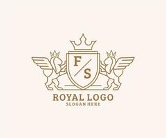 eerste fs brief leeuw Koninklijk luxe heraldisch, wapen logo sjabloon in vector kunst voor restaurant, royalty, boetiek, cafe, hotel, heraldisch, sieraden, mode en andere vector illustratie.