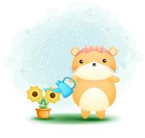 schattige doodle hamster die de plant water geeft premium vector