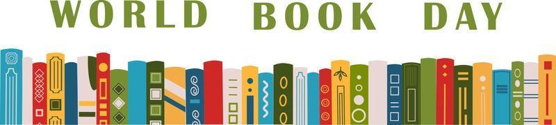 wereld boek dag spandoek. horizontaal banier met verschillend boeken. reclame sjabloon voor boekhandel, boekhandel, bibliotheek. vector illustratie.