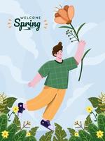 lente mooie bloemen illustratie. vliegen met bloem bij lente seizoenen illustratie concept. hallo lente. welkom lente. schattige lente cartoon met bloemen. kan worden gebruikt voor wenskaarten, ansichtkaarten, spandoeken, posters, afdrukken, enz vector