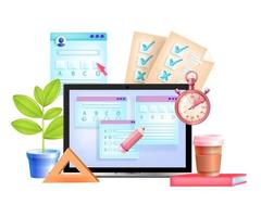 online examen, vector internettest, digitaal onderwijs, e-learning 3d illustratie