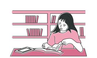 studie illustratie. tafereel van een vrouw aan het doen studie activiteiten in de bibliotheek. neiging vector stijl.