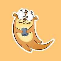 schattig zwemmen Otter tekenfilm karakter Holding een steen in sticker stijl premie vector grafisch Bedrijfsmiddel