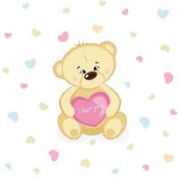 schattige lachende teddybeer verliefd op roze hart. Valentijnsdag briefkaart. vector