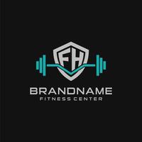 creatief brief fh logo ontwerp voor Sportschool of geschiktheid met gemakkelijk schild en barbell ontwerp stijl vector