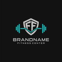 creatief brief ff logo ontwerp voor Sportschool of geschiktheid met gemakkelijk schild en barbell ontwerp stijl vector