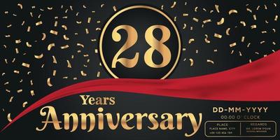 28e jaren verjaardag viering logo Aan donker achtergrond met gouden getallen en gouden abstract confetti vector ontwerp