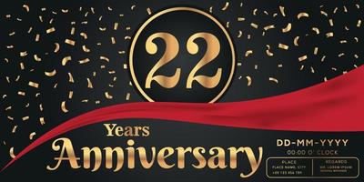 22e jaren verjaardag viering logo Aan donker achtergrond met gouden getallen en gouden abstract confetti vector ontwerp