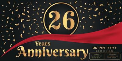 26e jaren verjaardag viering logo Aan donker achtergrond met gouden getallen en gouden abstract confetti vector ontwerp
