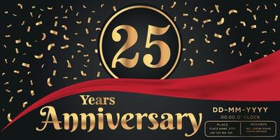 25e jaren verjaardag viering logo Aan donker achtergrond met gouden getallen en gouden abstract confetti vector ontwerp