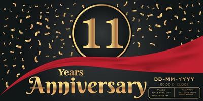 11e jaren verjaardag viering logo Aan donker achtergrond met gouden getallen en gouden abstract confetti vector ontwerp