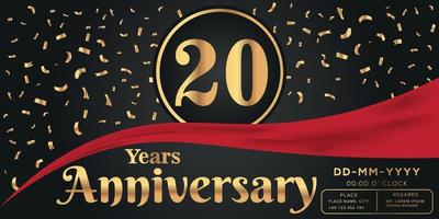 20e jaren verjaardag viering logo Aan donker achtergrond met gouden getallen en gouden abstract confetti vector ontwerp