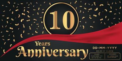 10e jaren verjaardag viering logo Aan donker achtergrond met gouden getallen en gouden abstract confetti vector ontwerp