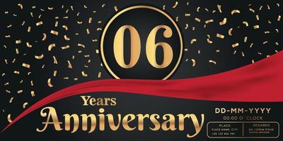06e jaren verjaardag viering logo Aan donker achtergrond met gouden getallen en gouden abstract confetti vector ontwerp