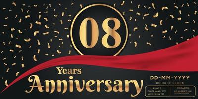 08e jaren verjaardag viering logo Aan donker achtergrond met gouden getallen en gouden abstract confetti vector ontwerp