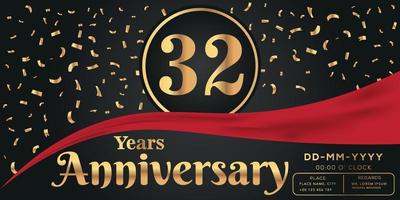 32e jaren verjaardag viering logo Aan donker achtergrond met gouden getallen en gouden abstract confetti vector ontwerp