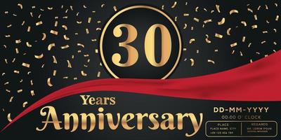 30e jaren verjaardag viering logo Aan donker achtergrond met gouden getallen en gouden abstract confetti vector ontwerp
