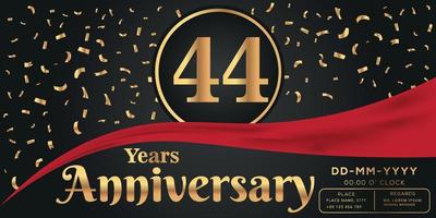 44e jaren verjaardag viering logo Aan donker achtergrond met gouden getallen en gouden abstract confetti vector ontwerp