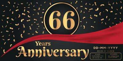 66e jaren verjaardag viering logo Aan donker achtergrond met gouden getallen en gouden abstract confetti vector ontwerp