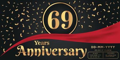69e jaren verjaardag viering logo Aan donker achtergrond met gouden getallen en gouden abstract confetti vector ontwerp