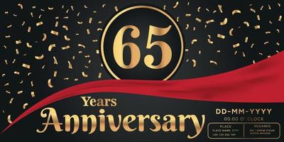 65ste jaren verjaardag viering logo Aan donker achtergrond met gouden getallen en gouden abstract confetti vector ontwerp