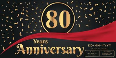 80ste jaren verjaardag viering logo Aan donker achtergrond met gouden getallen en gouden abstract confetti vector ontwerp