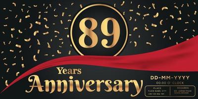 89e jaren verjaardag viering logo Aan donker achtergrond met gouden getallen en gouden abstract confetti vector ontwerp