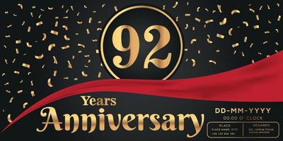 92e jaren verjaardag viering logo Aan donker achtergrond met gouden getallen en gouden abstract confetti vector ontwerp