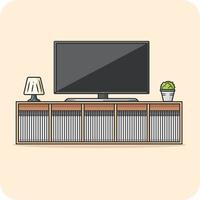 TV kabinet en boek plank met lamp, vector illustratie.