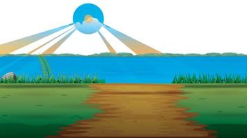 een blauw zee met een blauw lucht en een groen eiland met weg en de zon schijnend vector