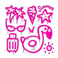 consument vakantie elementen reeks in gemakkelijk stedelijk graffiti stijl geïsoleerd Aan wit achtergrond - tas, flamingo ring, palm, ijsje en zonnebril. verstuiven getextureerde vector illustratie voor t-shirts, banners