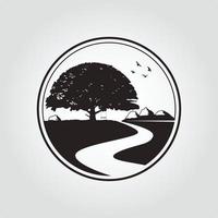 eik boom wijnoogst logo met rivier- of kreek. natuur landschap vector ontwerp.